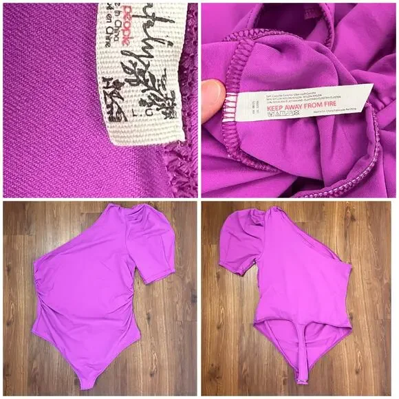 Free People One Shoulder Puff Sleeve L Bodysuit Magenta Ruched Side Stretchy - Picture 5 of 8